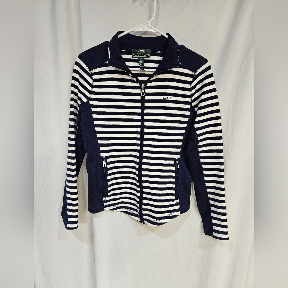 LRL LAUREN Women’s Size Medium Navy/White Striped Full Zip Active Jacket